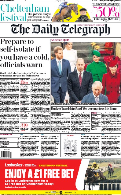 The Daily Telegraph Newspaper Front Page (UK) for 10 March 2020