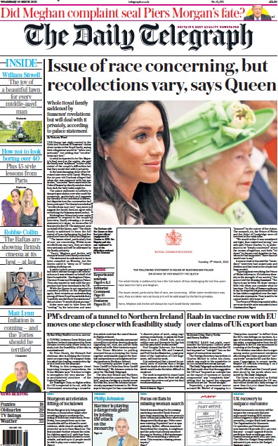 The Daily Telegraph Newspaper Front Page (UK) for 10 March 2021