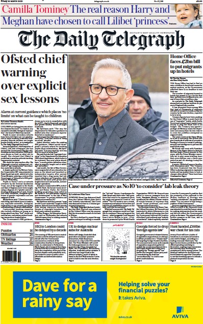The Daily Telegraph Newspaper Front Page (UK) for 10 March 2023