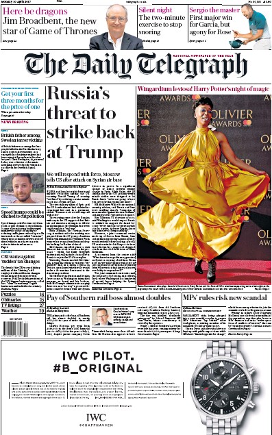 The Daily Telegraph Newspaper Front Page (UK) for 10 April 2017