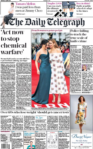 The Daily Telegraph Newspaper Front Page (UK) for 10 April 2018