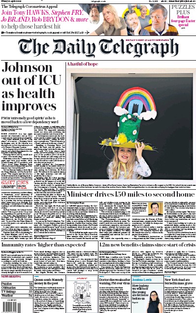 The Daily Telegraph Newspaper Front Page (UK) for 10 April 2020