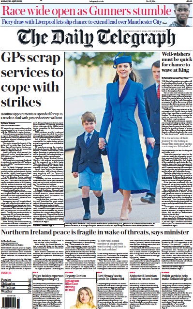 The Daily Telegraph Newspaper Front Page (UK) for 10 April 2023