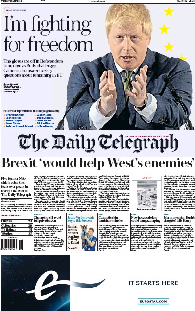 The Daily Telegraph Newspaper Front Page (UK) for 10 May 2016