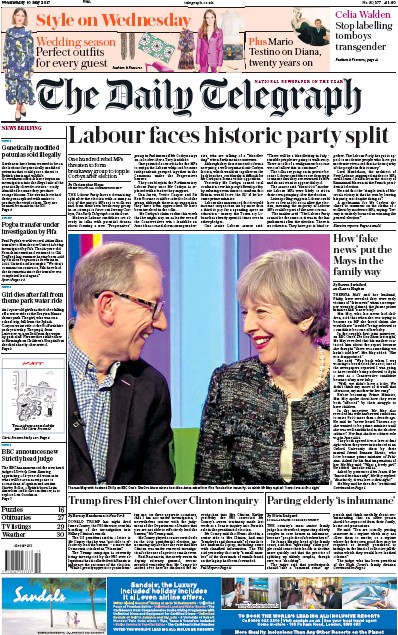 The Daily Telegraph Newspaper Front Page (UK) for 10 May 2017