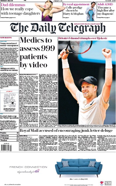 The Daily Telegraph Newspaper Front Page (UK) for 10 May 2018