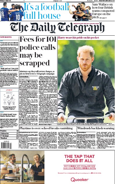The Daily Telegraph Newspaper Front Page (UK) for 10 May 2019