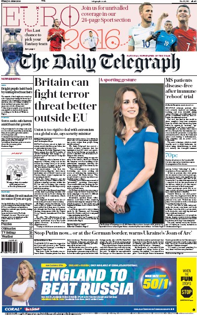 The Daily Telegraph Newspaper Front Page (UK) for 10 June 2016