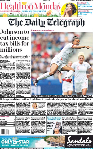 The Daily Telegraph Newspaper Front Page (UK) for 10 June 2019
