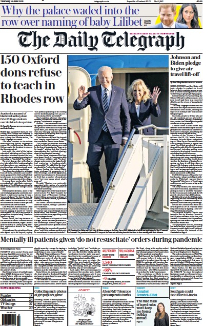 The Daily Telegraph Newspaper Front Page (UK) for 10 June 2021