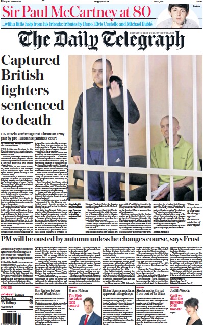 The Daily Telegraph Newspaper Front Page (UK) for 10 June 2022