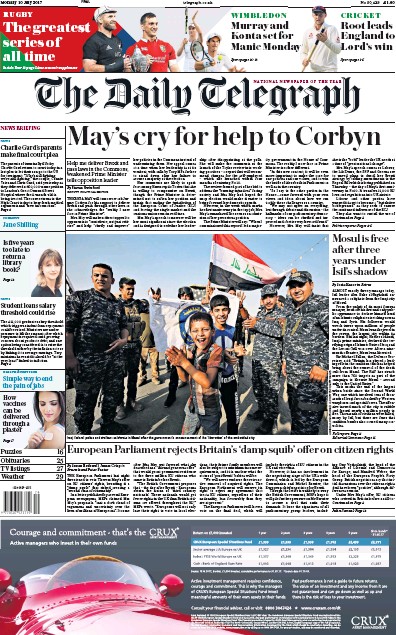 The Daily Telegraph Newspaper Front Page (UK) for 10 July 2017