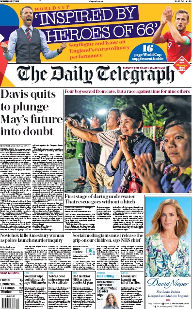 The Daily Telegraph Newspaper Front Page (UK) for 10 July 2018