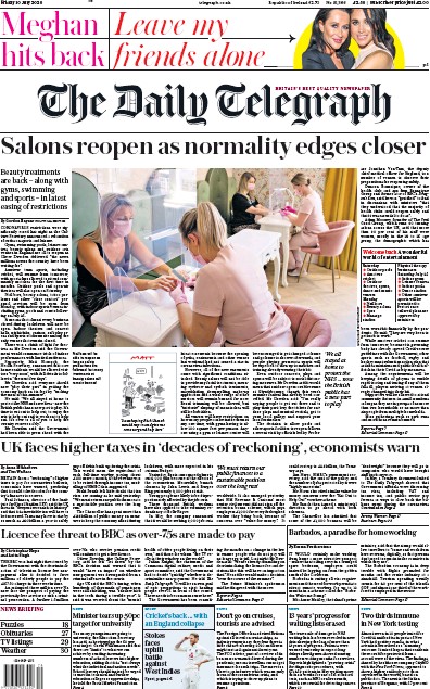 The Daily Telegraph Newspaper Front Page (UK) for 10 July 2020