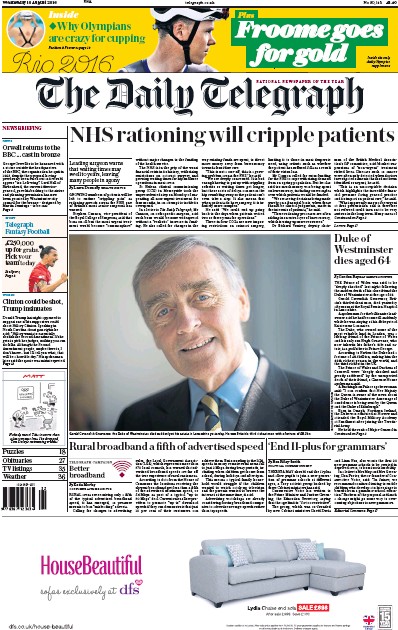 The Daily Telegraph Newspaper Front Page (UK) for 10 August 2016