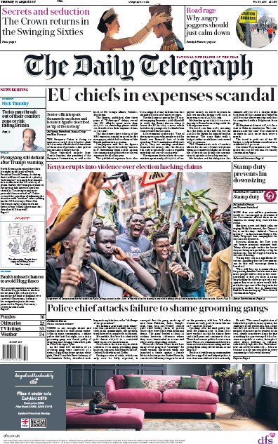 The Daily Telegraph Newspaper Front Page (UK) for 10 August 2017