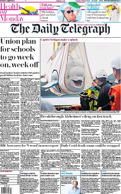 The Daily Telegraph Newspaper Front Page (UK) for 10 August 2020