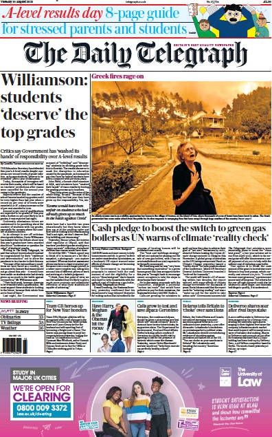 The Daily Telegraph Newspaper Front Page (UK) for 10 August 2021