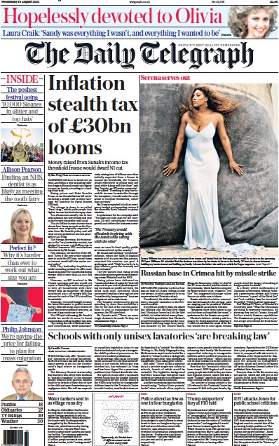 The Daily Telegraph Newspaper Front Page (UK) for 10 August 2022
