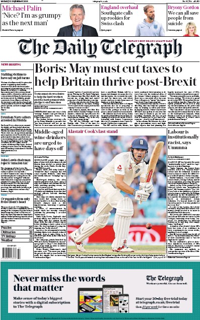 The Daily Telegraph Newspaper Front Page (UK) for 10 September 2018