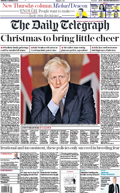 The Daily Telegraph Newspaper Front Page (UK) for 10 September 2020
