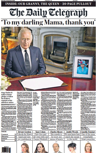 The Daily Telegraph Newspaper Front Page (UK) for 10 September 2022