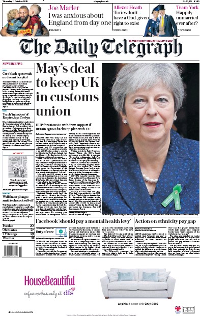 The Daily Telegraph Newspaper Front Page (UK) for 11 October 2018