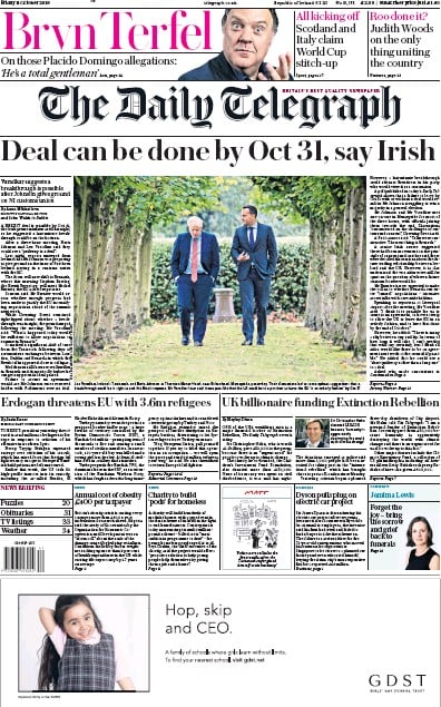 The Daily Telegraph Newspaper Front Page (UK) for 11 October 2019