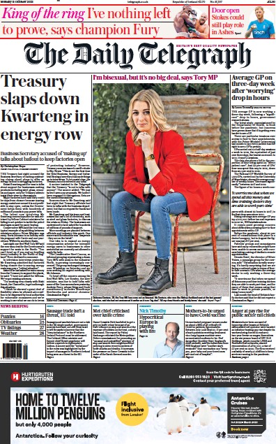 The Daily Telegraph Newspaper Front Page (UK) for 11 October 2021