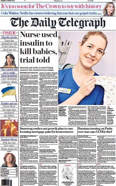The Daily Telegraph Newspaper Front Page (UK) for 11 October 2022