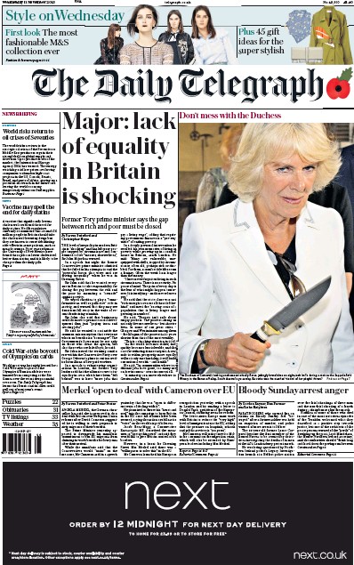 The Daily Telegraph Newspaper Front Page (UK) for 11 November 2015