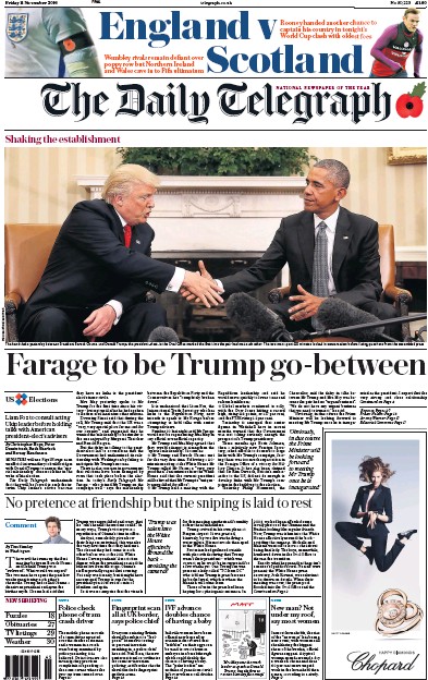 The Daily Telegraph Newspaper Front Page (UK) for 11 November 2016