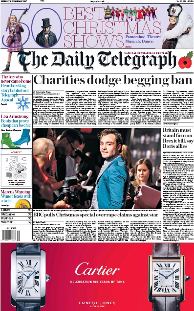 The Daily Telegraph Newspaper Front Page (UK) for 11 November 2017