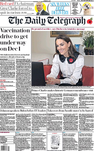 The Daily Telegraph Newspaper Front Page (UK) for 11 November 2020