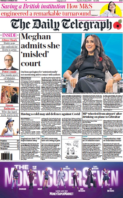 The Daily Telegraph Newspaper Front Page (UK) for 11 November 2021