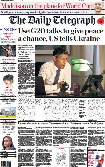 The Daily Telegraph Newspaper Front Page (UK) for 11 November 2022