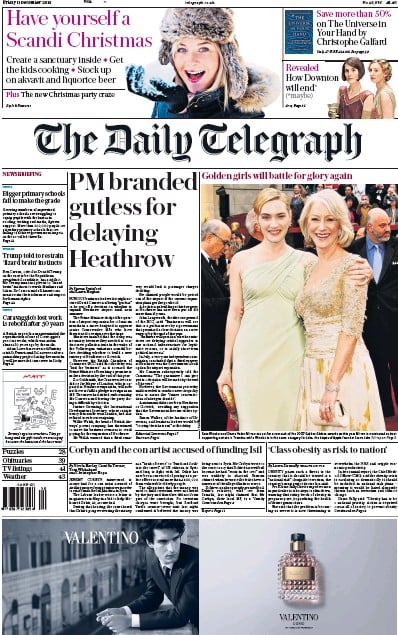 The Daily Telegraph Newspaper Front Page (UK) for 11 December 2015