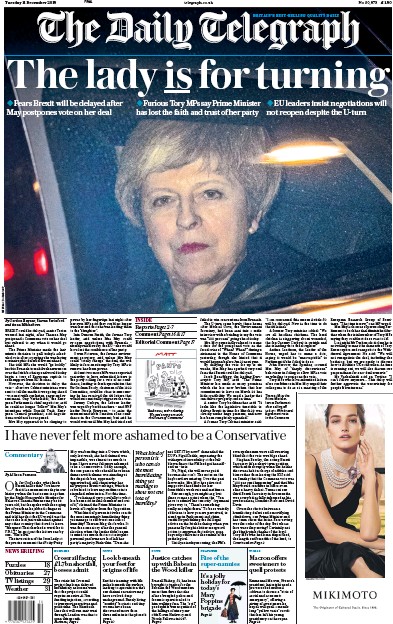The Daily Telegraph Newspaper Front Page (UK) for 11 December 2018