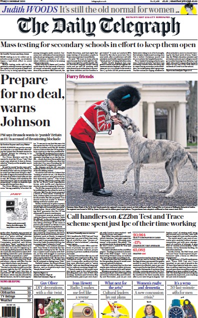 The Daily Telegraph Newspaper Front Page (UK) for 11 December 2020