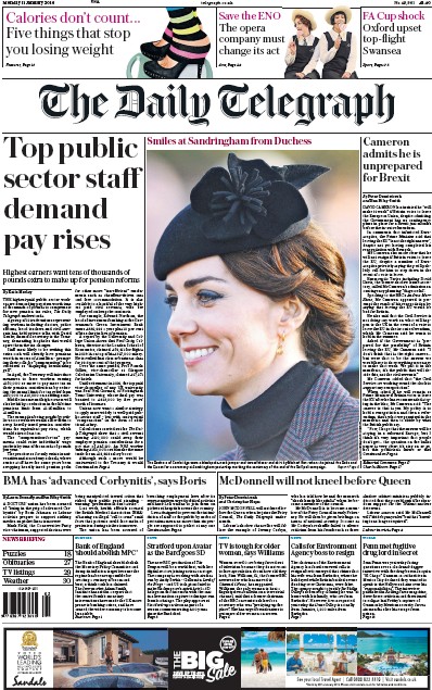 The Daily Telegraph Newspaper Front Page (UK) for 11 January 2016