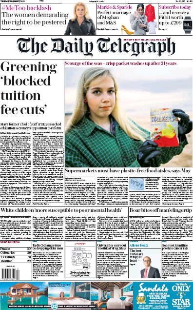 The Daily Telegraph Newspaper Front Page (UK) for 11 January 2018