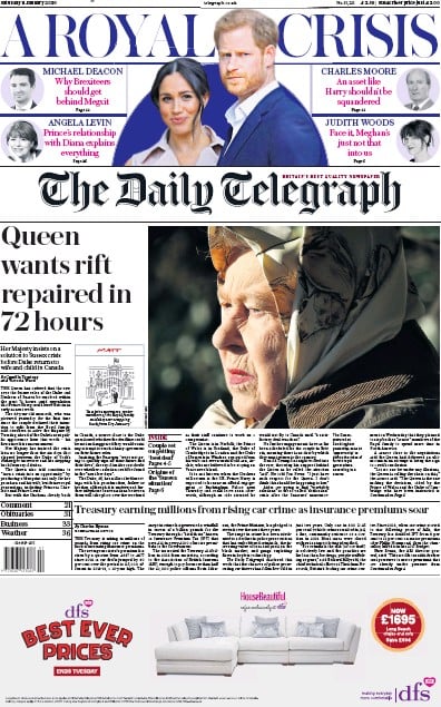 The Daily Telegraph Newspaper Front Page (UK) for 11 January 2020