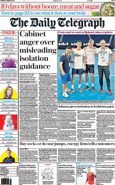 The Daily Telegraph Newspaper Front Page (UK) for 11 January 2022