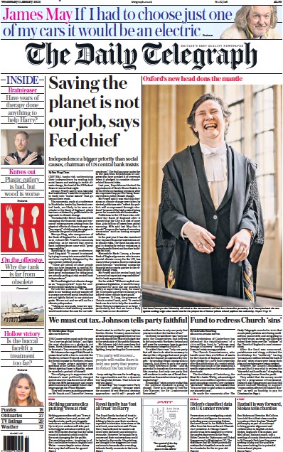 The Daily Telegraph Newspaper Front Page (UK) for 11 January 2023