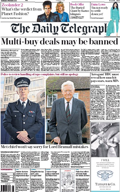 The Daily Telegraph Newspaper Front Page (UK) for 11 February 2016