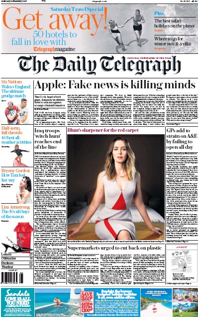 The Daily Telegraph Newspaper Front Page (UK) for 11 February 2017