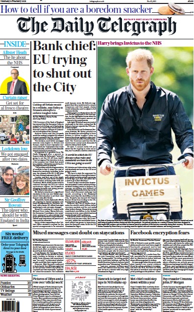 The Daily Telegraph Newspaper Front Page (UK) for 11 February 2021