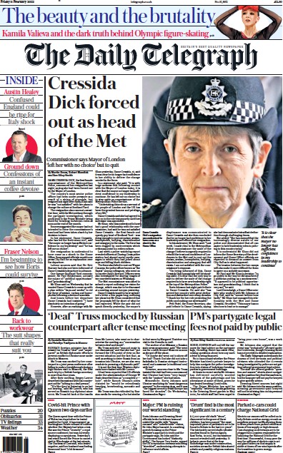 The Daily Telegraph Newspaper Front Page (UK) for 11 February 2022