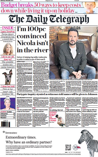 The Daily Telegraph Newspaper Front Page (UK) for 11 February 2023