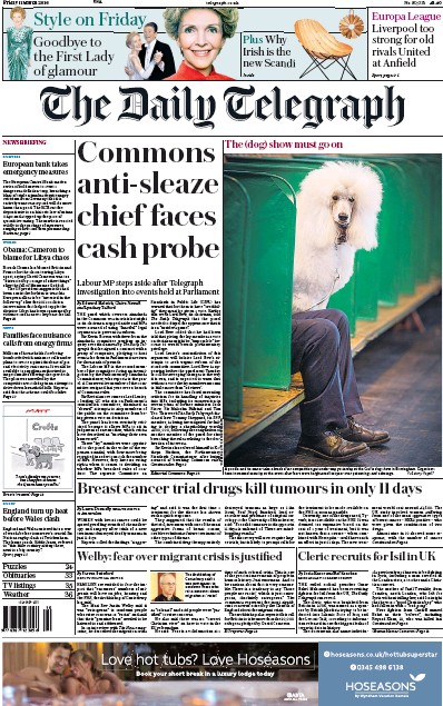 The Daily Telegraph Newspaper Front Page (UK) for 11 March 2016
